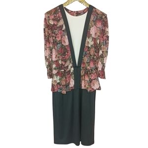 Vintage 80s Womens Multicolor Puff Sleeve Floral Secretary Long Maxi Dress Plus